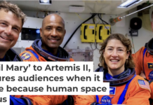 The Artemis II crew poses during a ground systems test ahead of launch. NASA/Frank Michaux